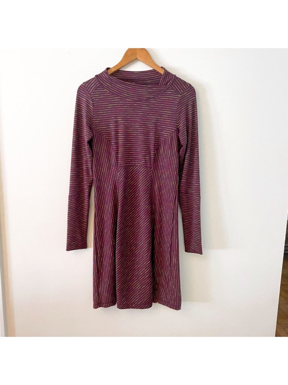 Prana Scramble Mock Neck Purple Long Sleeve Striped Dress, Size XS